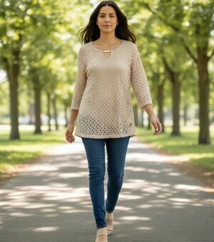 JM Collection Tan Lace Top with Gold Accent